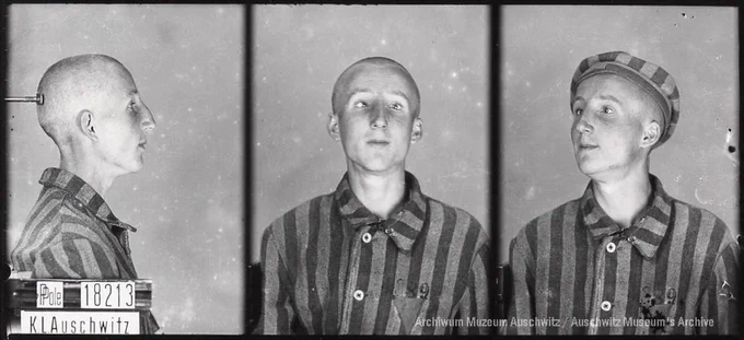 A mugshot registration photograph from Auschwitz. A man with a shaved head wearing a striped uniform photographed in three positions (profile and front with bare head and a photo with a slightly turned head with a hat on). The prisoner number is visible on a marking board on the left.