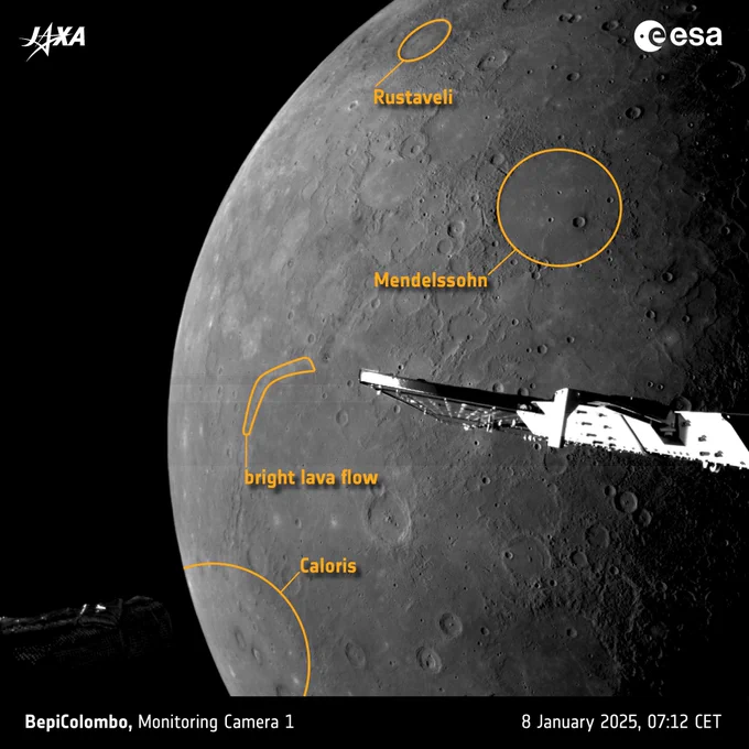 Planet Mercury in the background with its grey, cratered, pock-marked surface. In the foreground are some spacecraft parts. Features are marked with yellow circles and text labels.
