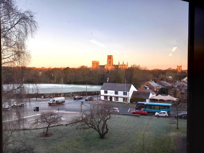 View of Durham Cathedral in the winter sunrise from Bill Bryson Library.