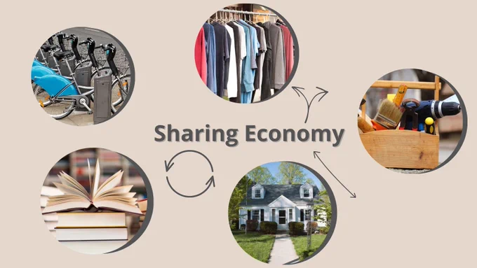 In der Mitte des Bildes ist das Stichwort "Sharing Economy" zu sehen. Um das Stichwort herum sind kreisförmige Fotos angeordnet. Die Fotos zeigen Mietfahrräder, eine Kleiderstange, einen Werkzeugkasten, ein Wohnhaus und einen Bücherstapel. Zur Unterstreichung des Tauschens und Leihens sind unterschiedliche Pfeile in der Grafik enthalten.