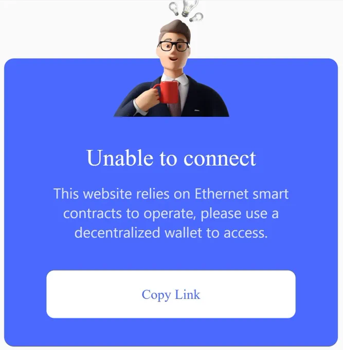 Unable to connect message on aismart-contractors.xyz instructing users to use a decentralized wallet.