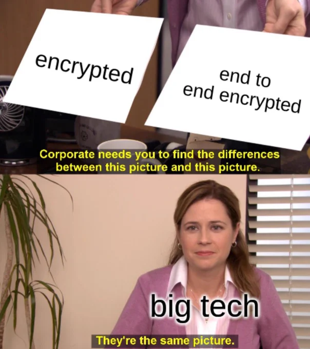 Two images side by side that appear identical. The left image shows text "encrypted", and the right image shows text "end to end encrypted". A caption at the bottom reads, 'They are the same picture,' highlighting the humorous comparison between the two images.