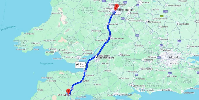 Map showing the route from Exeter up to the centre in Filton where they ran tests and then processed it into a form that can be given to a patient in need. Once it was ready it was sent to the University Hospital, Birmingham where it will help to save or improve someone's life. 