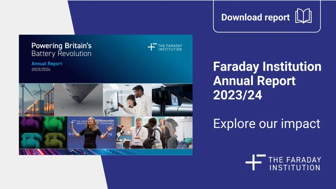 An image of the 2023/2024 Annual Report front page. Rectangle at the top right "Download report" and book icon. Title "Faraday Institution Annual Report 2023/24". At the bottom right there is "The Faraday Institution" logo.
