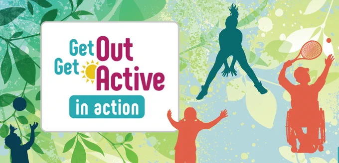 Graphic display the following words: Get Out Get Active in action. The text is places on top of a decorative backdrop showing foliage and silhouettes of people being active.