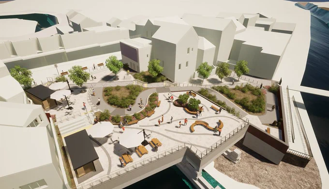 An artist's impression of the 'riverside plaza' plans for the former M&S site in Pontypridd