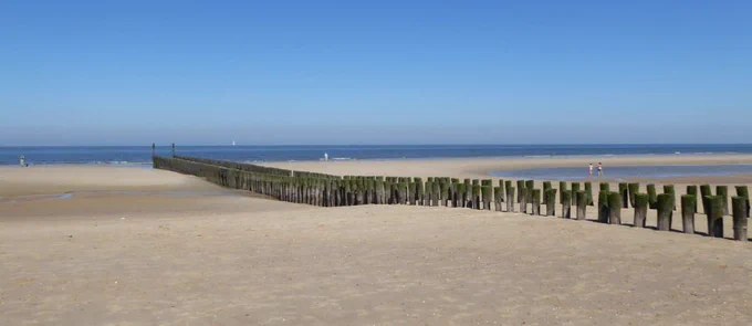 De slingerende palen van de golfbrekers die op het strand en haaks op de zee staan bij Domburg, onderweg met de wandelgids Wandelen in en rond kunstenaarskolonies.