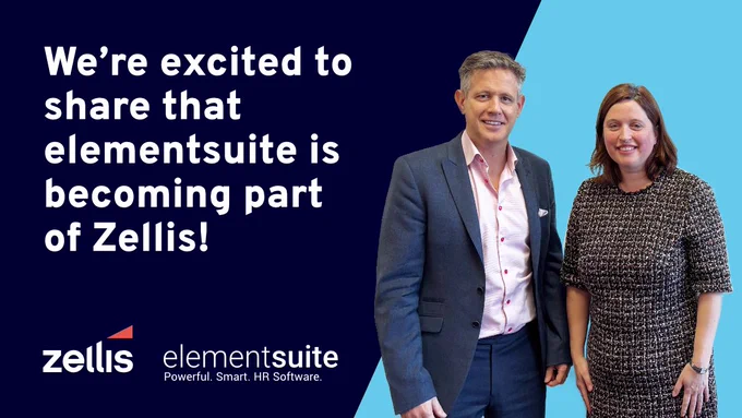 We're excited to share that elementsuite is becoming part of Zellis! Image shows elmentsuite CEO Steve Elcock, and Zellis Business Unit CEO Abigail Vaughan.