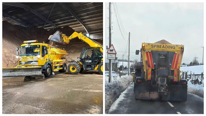 Photos: a gritting vehicle collecting more grit in Elland (left) and a gritting vehicle treating the critical network (right).