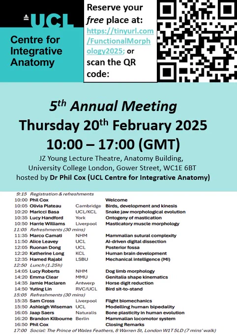 Poster having the UCL Centre for Integrative Anatomy name and logo, QR code and url for the Eventbrite registration page, attendance details and speaker schedule. Scan the QR  to register FREE for the UCL Centre for Integrative Anatomy Annual Symposium 2025 on Functional Morphology - 17  speakers, plenty of socialising/discussion/networking opportunities; refreshments and lunch included