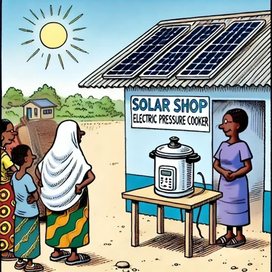 A Cartoon image generated by AI on ChatGPT showing a woman outside a solar shop standing next to an EPC on a table, with a few people gathering around it. 2024. 
