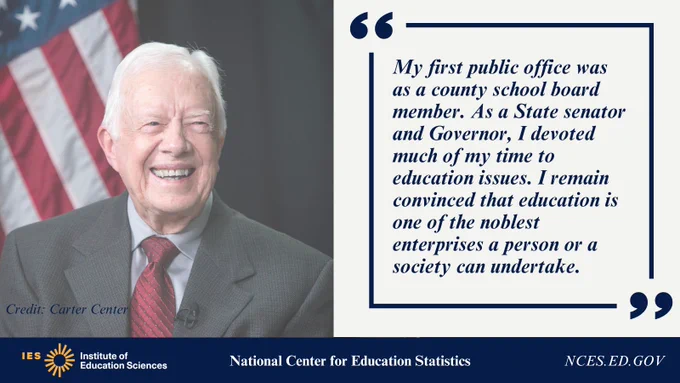 Social media platform graphic honoring Jimmy Carter featuring an image of Jimmy Carter and a quote about education.