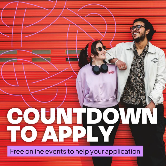 Promotional image featuring two people laughing together against a vibrant red background with abstract white lines. Text overlay reads: 'COUNTDOWN TO APPLY - Free online events to help your application.'