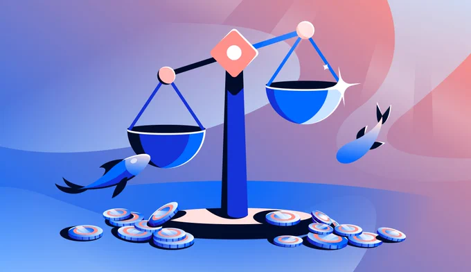 Illustration of a stylized scale with coins on the ground underneath it and two fish swimming around. 