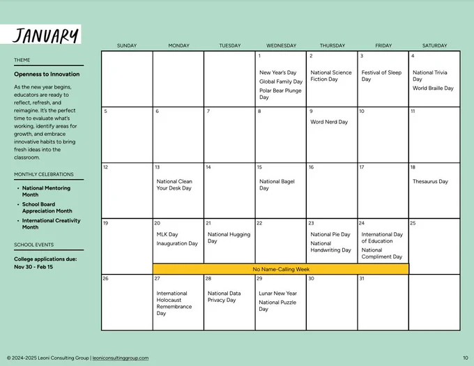 A green background calendar of January that lists events, monthly celebrations, and school events most aligned with education and learning. 