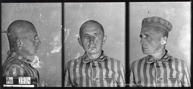 A mugshot registration photograph from Auschwitz. A man with a shaved head wearing a striped uniform photographed in three positions (profile and front with bare head and a photo with a slightly turned head with a hat on). The prisoner number is visible on a marking board on the left.

