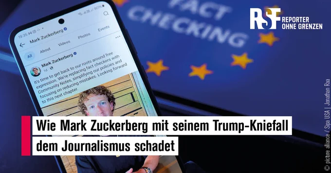 Ein Smartphone mit Mark Zuckerberg ist abgebildet.