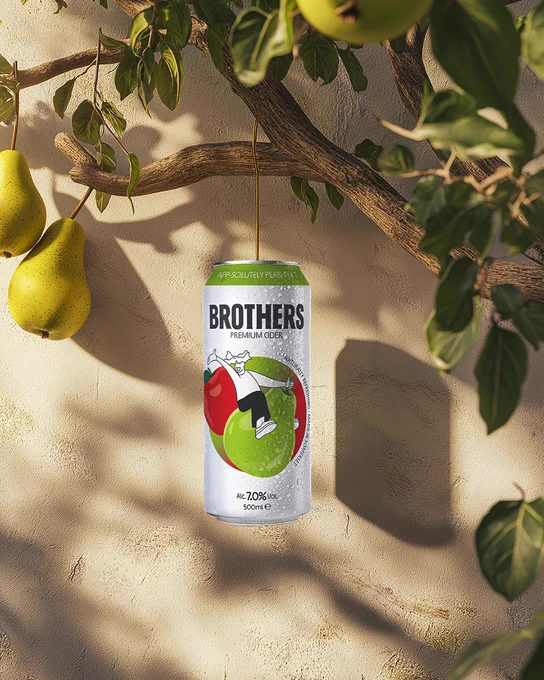 A can of Brothers App-Solutely Pear-Fect (Apple & Pear) cider hanging from a pear tree.