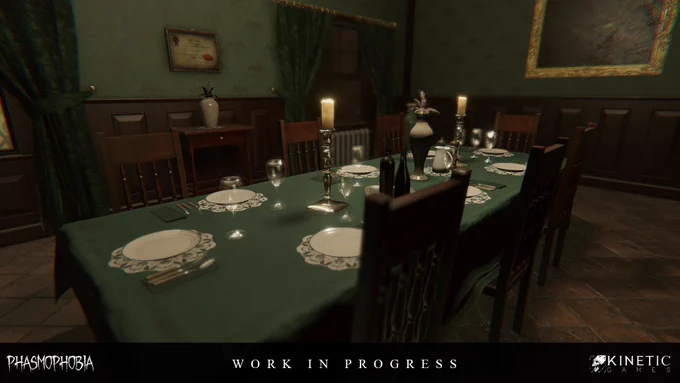 Screenshot showing a work in progress update for the Bleasdale Farmhouse map from the game Phasmophobia. It shows a dining room with a large table set with plates and candles.