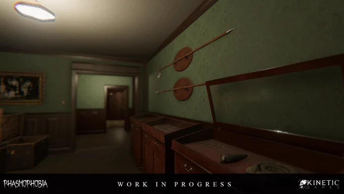 Screenshot showing a work in progress update for the Bleasdale Farmhouse map from the game Phasmophobia. It shows a room full of various trophies displayed in cabinets.
