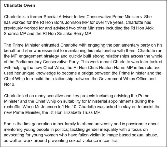 Text of the citation for Charlotte Owen's peerage
