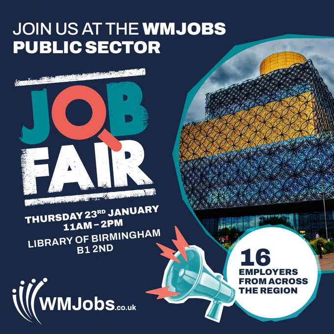 The job fair poster taking place at the Library of Birmingham January 23 11am to 2pm