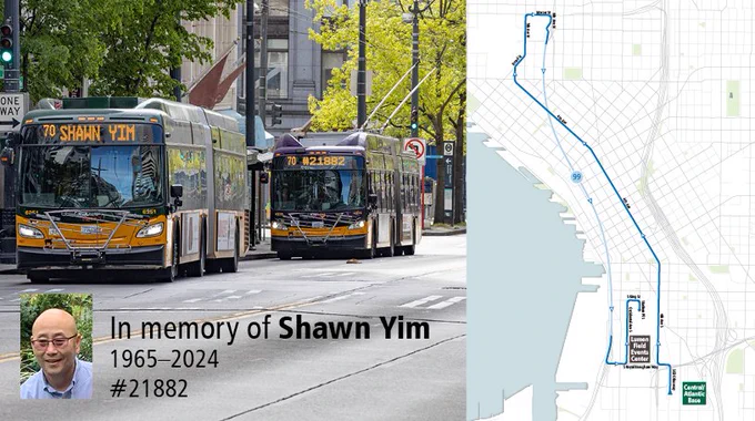 Photo of transit operator Shawn Yim and a thumbnail map of the January 10 procession