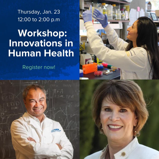 Image Description: Headshots of panelists (from left to right, top to bottom): Dr. Ishita Shah, Dr. Carlito B. Lebrilla, and Dr. Judith Van De Water. Text reads "Thursday, Jan. 23,12:00 to 2:00 p.m., Workshop: Innovations in Human Health, Register now!"
