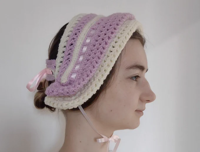 ‘Half cap in crochet’ from Cornelia Mee’s 1845 ‘Crochet Explained and Illustrated, 1st series’, made in Drops Merino extra fine wool, colours off white and light pink, using 4mm hook (copyright Eleanor Gilchrist)