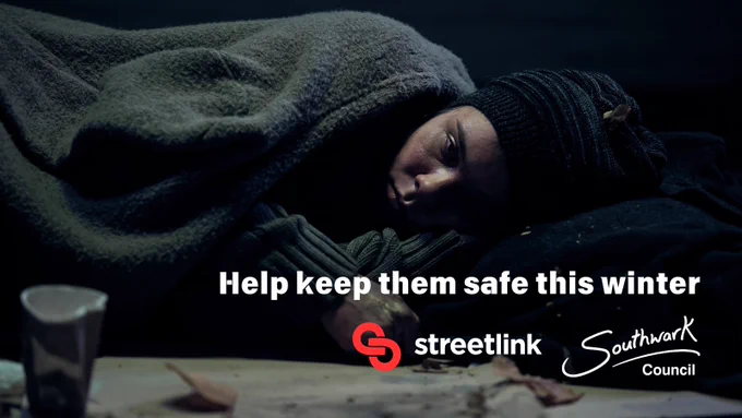 Person sleeping rough outside and a call to action in text 'help keep them safe this winter' 