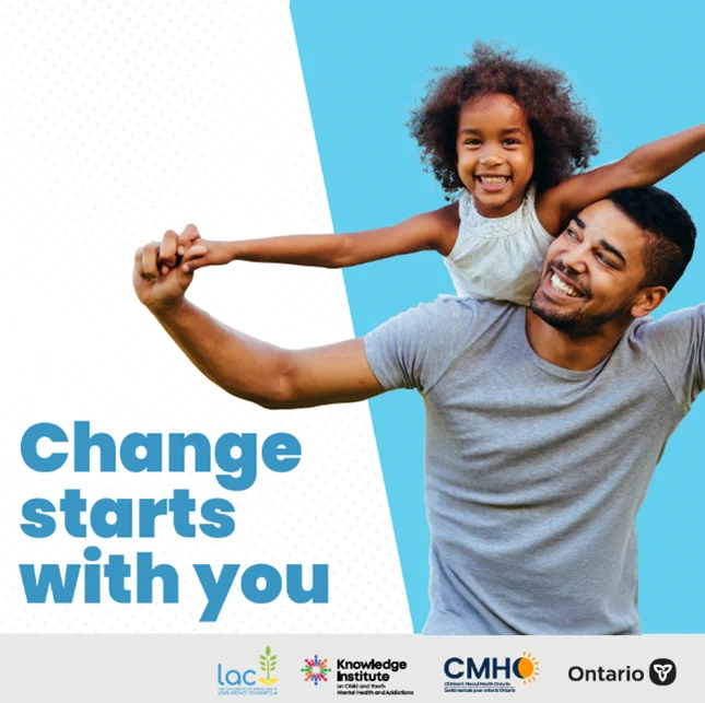 This graphic shows a man with a young girl on his shoulders. They are holding hands, smiling, and friendly. The caption beside them states, "Change starts with you" in blue text. 