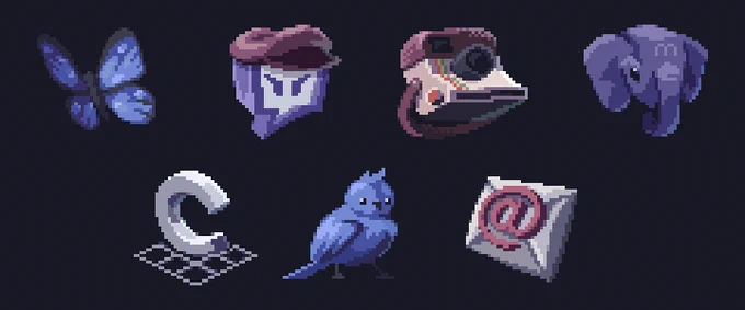 A set of pixel art icons for various social media platforms arranged in two rows. They represent, in order : bluesky, twitch, instagram, mastodon, cara, twitter, and email. 
