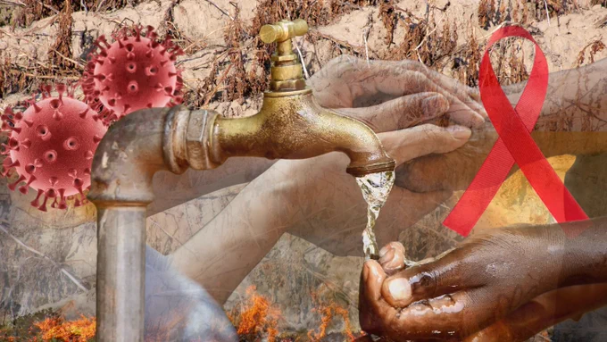 photo collage showing images of drought, fire, a virus, hands under an outdoor tap and hands holding another hand in care.