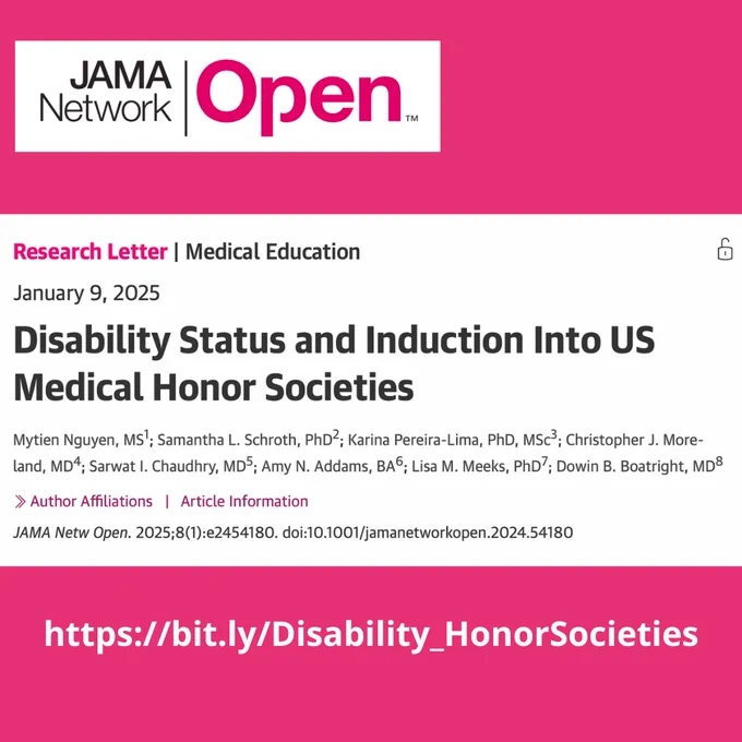 infographic of a JAMA Network Open article titled 'Disability Status and Induction Into US Medical Honor Societies,' published on January 9, 2025, under the section 'Research Letter | Medical Education.' Authors listed are Mytien Nguyen, Samantha L. Schroth, Karina Pereira-Lima, Christopher J. Moreland, Sarwat I. Chaudhry, Amy N. Addams, Lisa M. Meeks, and Dowin B. Boatright. Below the title, there is a pink banner with the text 'JAMA Network Open' and a short URL, https://bit.ly/Disability_HonorSocieties."





