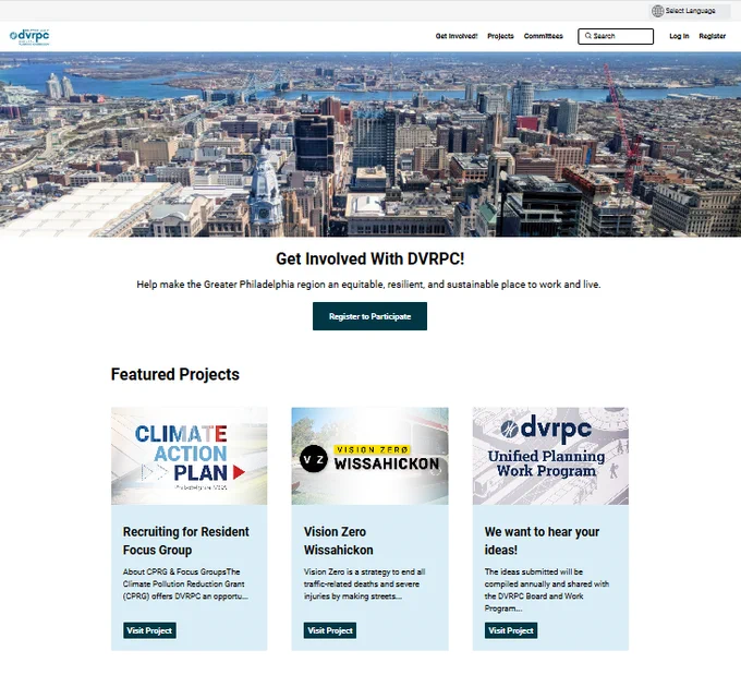 A screenshot of the homepage for DVRPC's Engagement HQ website