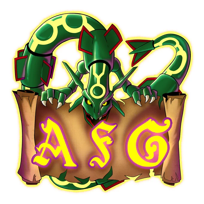 Rayquaza Pokemon over an unraveled scroll that says AFG