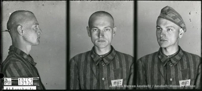 A mugshot registration photograph from Auschwitz. A man with a shaved head wearing a striped uniform photographed in three positions (profile and front with bare head and a photo with a slightly turned head with a hat on). The prisoner number is visible on a marking board on the left.