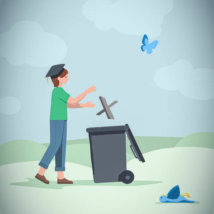 Grafik: Eine Person mit Doktorhut wirft ein X in eine Mülltonne. Daneben liegt ein toter blauer Vogel. Über der Szene fliegt ein blauer Schmetterling.