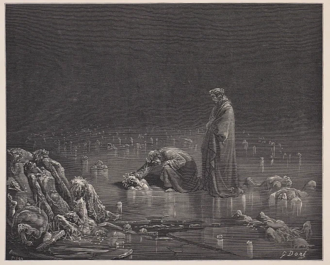 Illustration from canto 32: Dante pulling a head from the ice
