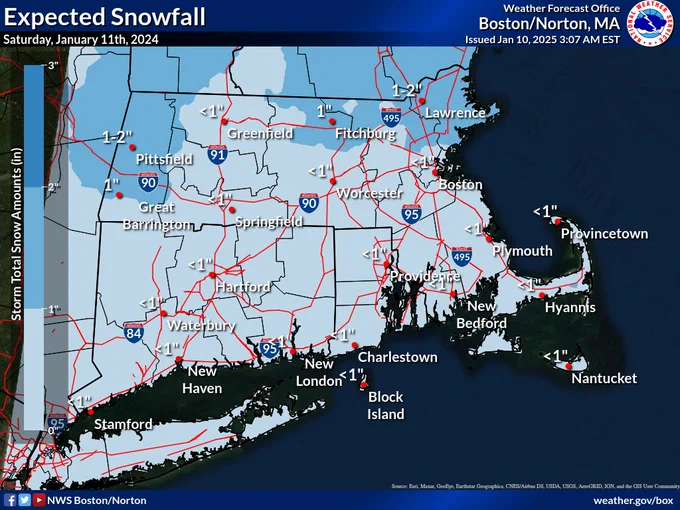 snowfall map showing 0.5-2 inches of snow expected