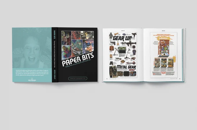 A mockup front and back cover image of the book 'Paper Bits: Twenty Years of Comic Book Video Game Ads' There is an ad for the original Metal Gear and an ad for  several Tecmo games including Bubble Bobble.