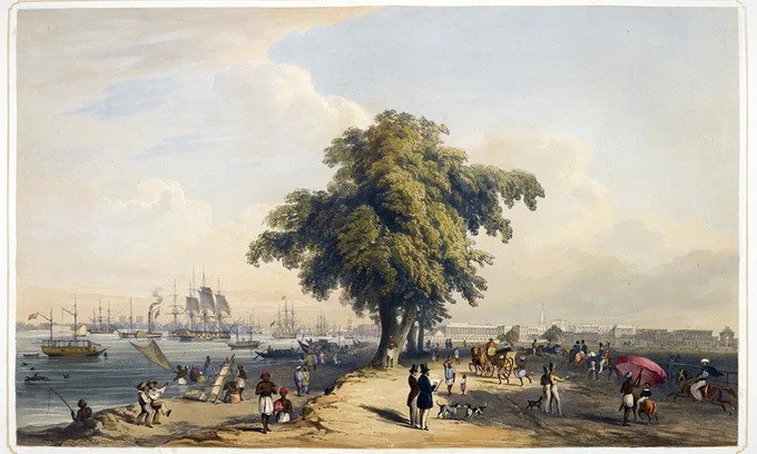 Town and port of Calcutta, published in Views of Calcutta and Its Environs by Sir Charles D’Oyly, (London, 1848). From the British Library archive, shelfmark X 666.
