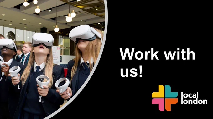 Work with us banner showing secondary school students trying out virtual reality goggles at one of our careers events where businesses inspire students to consider huge range of post-16 options. 