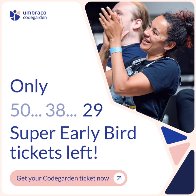 A cheerful woman clapping during an event, with a banner promoting 'Super Early Bird tickets' for Codegarden, featuring a countdown of remaining tickets. Includes a button to 'Get your Codegarden ticket now