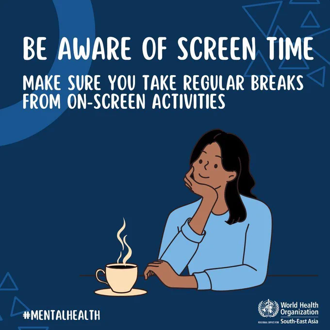 Illustration of a woman with her chin on the palm of one hand. A cup of coffee with white lines on top of it is in front of her. Text says be aware of screen time. Make sure you take regular breaks from on screen activities