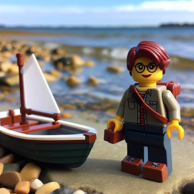 AI Generated - A lego woman with short brown hair, stood on a beach next to a boat.