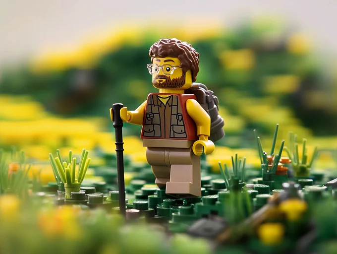 AI Generated - A lego man with a hiking stick, walking through lego fields. He has brown hair and wears glasses.