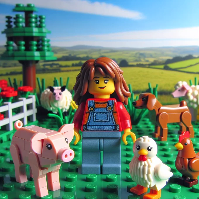 AI Generated - A lego woman stood in a lego farm, surrounded by farm animals.