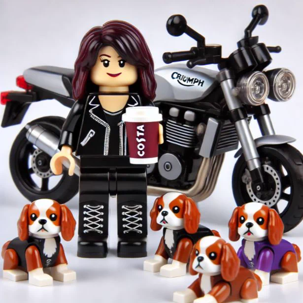 AI Generated - A lego woman with red hair wearing all black. Holding a costa coffee cup. Stood next to four dogs and a motorbike.