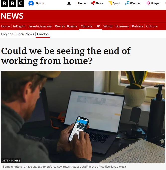 An image of a BBC News business story reporting that employers are bringing workers back into offices as Working From Home damaged financial performance